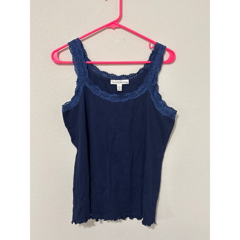 French Laundry Tank Top Womens Large Navy Blue Lace Trim Ribbed Cotton Camisole